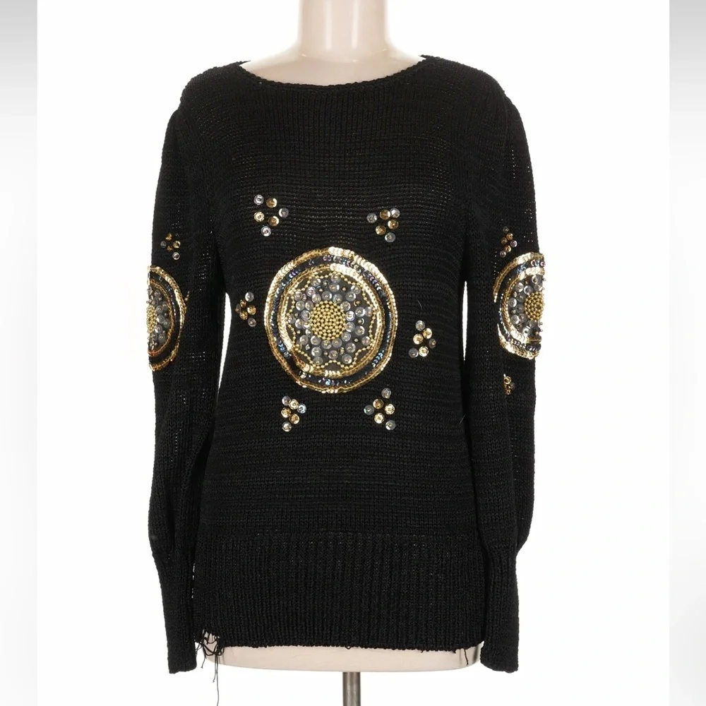 Cache Ipen Knit Lightweight Black Sweater with Gold Embellishments - Picture 1 of 8